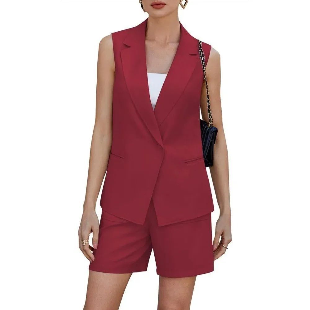 Casly Lamiit Women Burgundy Sleeveless Short Pant / Jacket 2 PCS Set Size M